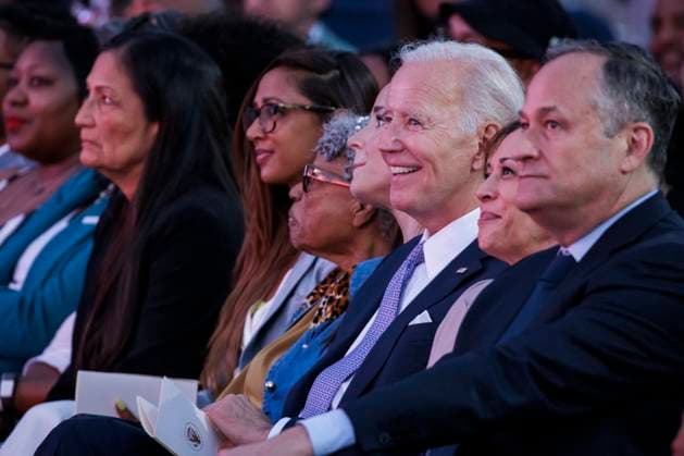 President Joe Biden, Vice President Kamala Harris, and Second Gentleman Doug Emhoff (R) attend a Juneteenth concert on the South Lawn of the White House on Tuesday, June 13, 2023 in Washington, DC. Juneteenth celebrates the emancipation of enslaved African Americans on June 19th and was declared a federal holiday in 2021 by President Joe Biden. (  WASP20230613170 SamuelxCorum