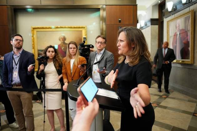 June 14, 2023, Ottawa, ON, CANADA: Deputy Prime Minister Chrystia Freeland holds a press conference on Parliament Hill, in Ottawa, Wednesday, June 14, 2023. Ottawa CANADA  - ZUMAc35_ 20230614_zaf_c35_045 Copyright: xSeanxKilpatrickx