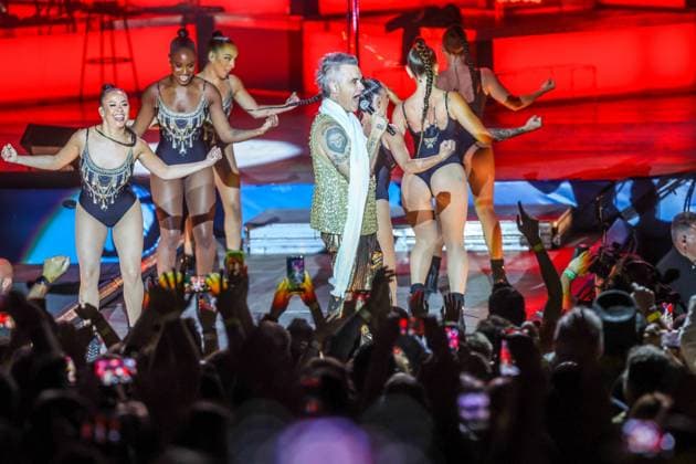 June 15, 2023: June 15, 2023 (Fuengirola, Malaga) Robbie Williams threw a party in Marenostrum for his 25-year career. The Brit showed his showman side with a sold out concert full of continuous nods to the audience and the bandÃ¢â‚¬â ¢s most mythical themes with more than 20,000 spectators. - ZUMAc161 20230615_zap_c161_011 Copyright: xLorenzoxCarnerox