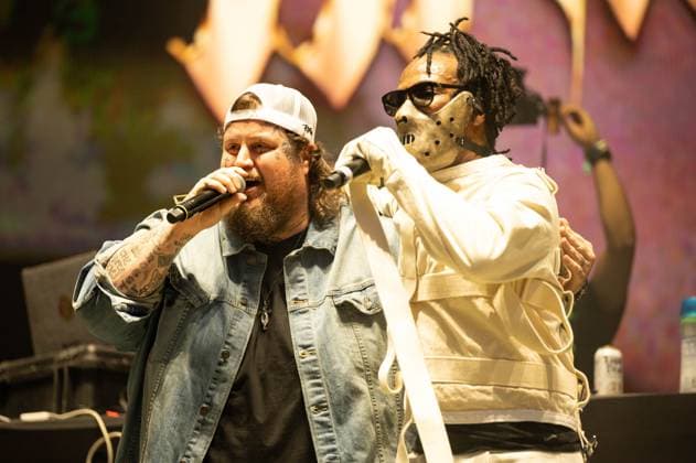 June 16, 2023, Manchester, Tennessee, United States: Three 6 Mafia Juicy J (R) along with special guest performer Jelly Roll (L) perform during Day 2 of the 2023 Bonnaroo Music & Arts Festival on June 16, 2023 in Manchester, Tennessee. .Photo: imageSPACE. Manchester United States - ZUMAs181 20230616_zea_s181_121 Copyright: xDarrenxEaglesx