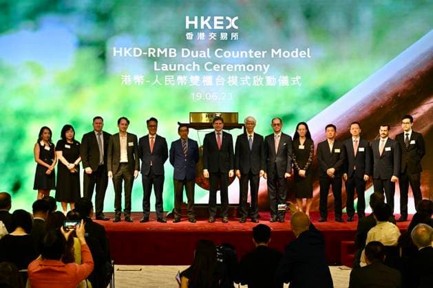 HONG KONG, CHINA - JUNE 19: HKEX Chief Executive Officer Nicolas Aguzin (L7) attends the HKD-RMB Dual Counter Model Launch Ceremony at the Hong Kong Exchanges and Clearing (HKEX) on June 19, 2023 in Hong Kong, China. The HKD-RMB Dual Counter Model was launched at the Hong Kong Exchanges and Clearing (HKEX) on June 19.  Copyright: xChinaxNewsxServicex 111441837585