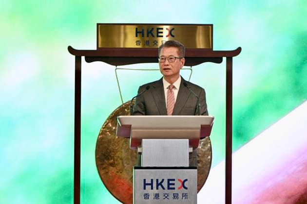 HONG KONG, CHINA - JUNE 19: Hong Kong Financial Secretary Paul Chan Mo-po speaks during the HKD-RMB Dual Counter Model Launch Ceremony at the Hong Kong Exchanges and Clearing (HKEX) on June 19, 2023 in Hong Kong, China. The HKD-RMB Dual Counter Model was launched at the Hong Kong Exchanges and Clearing (HKEX) on June 19.  Copyright: xChinaxNewsxServicex 111441837742