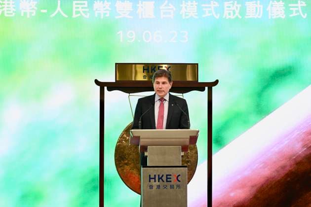 HONG KONG, CHINA - JUNE 19: HKEX Chief Executive Officer Nicolas Aguzin speaks during the HKD-RMB Dual Counter Model Launch Ceremony at the Hong Kong Exchanges and Clearing (HKEX) on June 19, 2023 in Hong Kong, China. The HKD-RMB Dual Counter Model was launched at the Hong Kong Exchanges and Clearing (HKEX) on June 19.  Copyright: xChinaxNewsxServicex 111441837743