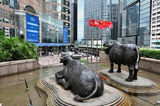 HONG KONG, CHINA - JUNE 19: Bull statues are seen on the Exchange Square complex, which houses the Hong Kong Stock Exchange (HKEX), on June 19, 2023 in Hong Kong, China. The HKD-RMB Dual Counter Model was launched at the Hong Kong Exchanges and Clearing (HKEX) on June 19.  Copyright: xChinaxNewsxServicex 111441837744