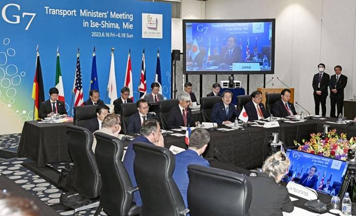 News Themen der Woche KW24 News Bilder des Tages G-7 transport ministers meeting Transport ministers from the Group of Seven countries hold a session at a three-day meeting in Shima, Mie Prefecture, central Japan, on June 18, 2023.  A14AA0001600067P