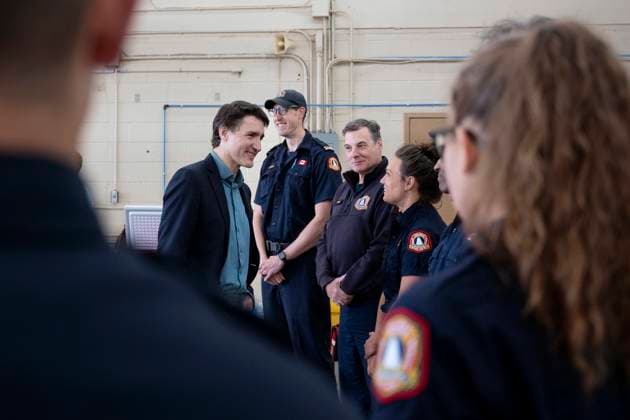 June 19, 2023, Hammonds Plains, NS, Canada: Prime Minister Justin Trudeau, left, meets with firefighters who battled the wildfires in Nova Scotia while visiting Fire Station 50 in Hammonds Plains, N.S. on Monday, June 19, 2023. Hammonds Plains Canada  - ZUMAc35_ 20230619_zaf_c35_017 Copyright: xDarrenxCalabresex