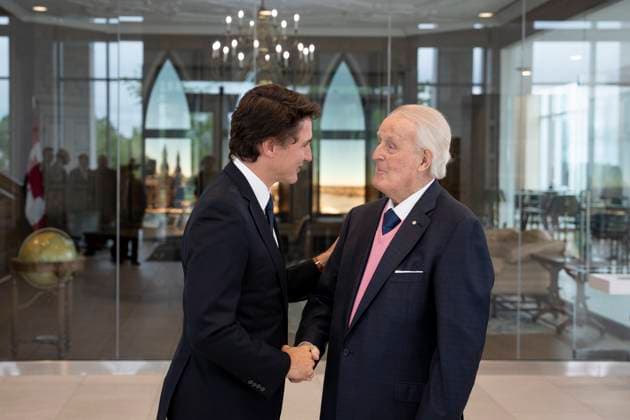June 19, 2023, Antigonish, NS, Canada: Former prime minister Brian Mulroney, right, greets Prime Minister Justin Trudeau in Mulroney Hall at St. Francis Xavier University in Antigonish, N.S. on Monday, June 19, 2023. Antigonish Canada  - ZUMAc35_ 20230619_zaf_c35_071 Copyright: xDarrenxCalabresex