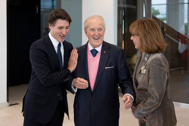June 19, 2023, Antigonish, NS, Canada: Former prime minister Brian Mulroney, centre, laughs while he and his wife Mila Mulroney, right, greet Prime Minister Justin Trudeau in Mulroney Hall at St. Francis Xavier University in Antigonish, N.S. on Monday, June 19, 2023. Antigonish Canada - ZUMAc35_ 20230619_zaf_c35_072 Copyright: xDarrenxCalabresex