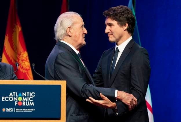 June 19, 2023, Antigonish, NS, Canada: Prime Minister Justin Trudeau, right, and former prime minister Brian Mulroney share a moment on stage during the Atlantic Economic Forum at St. Francis Xavier University in Antigonish, N.S. on Monday, June 19, 2023. Antigonish Canada  - ZUMAc35_ 20230619_zaf_c35_077 Copyright: xDarrenxCalabresex