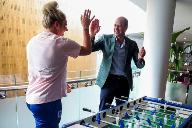 Britain s Prince William visits England Women s football team in Burton upon Trent Britain s Prince William, the Prince of Wales and President of The Football Association, gestures as he plays table football with England s football players, during a visit to the England Women s team to wish them luck ahead of the 2023 FIFA Women s World Cup, at the national football centre at St. George s Park in Burton upon Trent, Britain June 20, 2023., Credit:PHIL NOBLE Avalon UNITED KINGDOM, BURTON UPON TRENT  Copyright: xPHILxNOBLEx xAvalonx 0784436336