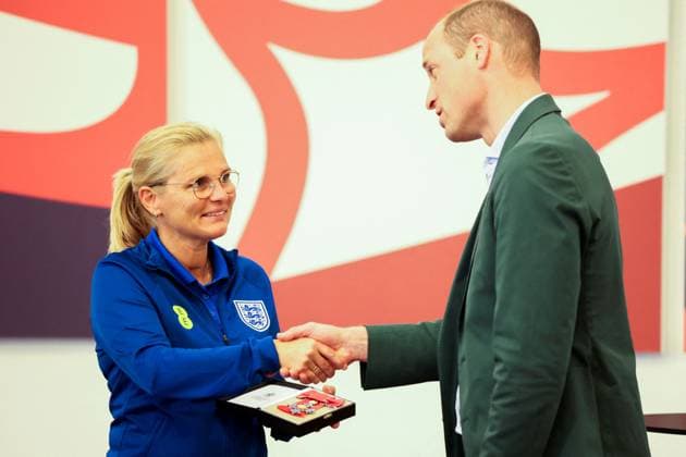 Britain s Prince William visits England Women s football team in Burton upon Trent Britain s Prince William, the Prince of Wales and President of The Football Association, gives an honorary CBE to England manager Sarina Wiegman as he visits England Women s team to wish them luck ahead of the 2023 FIFA Women s World Cup, at the national football centre at St. George s Park in Burton upon Trent, Britain June 20, 2023., Credit:PHIL NOBLE Avalon UNITED KINGDOM, BURTON UPON TRENT  Copyright: xPHILxNOBLEx xAvalonx 0784436352