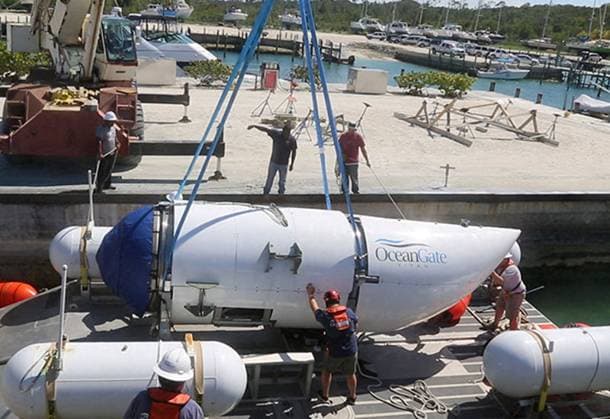 June 19, 2023: Undated handout photo shows Titan, the submersible that vanished on an expedition to the Titanic wreckage. A massive search and rescue operation is underway in the mid-Atlantic after a tourist submarine went missing during a dive to Titanic s wreck on Sunday. Contact with the small sub was lost about an hour and 45 minutes into its dive, the US Coast Guard said. Tour firm said all options were being explored to rescue the five people onboard. Tickets cost $ 250,000 for an eight-day trip including dives to the wreck at a depth of 3,800m (12,500ft). - ZUMAz03_ 20230619_shv_z03_650 Copyright: xOceanGatex