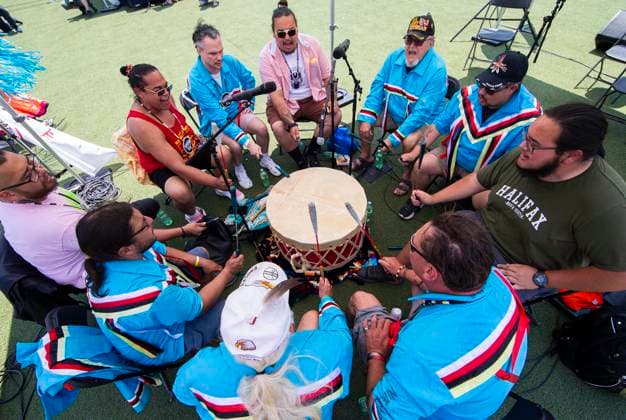 (230621) -- MISSISSAUGA (CANADA), June 21, 2023 -- An indigenous band performs during an event marking National Indigenous Peoples Day in Mississauga, the Greater Toronto Area, Canada, on June 21, 2023. (Photo by Xinhua) CANADA-MISSISSAUGA-NATIONAL INDIGENOUS PEOPLES DAY ZouxZheng 