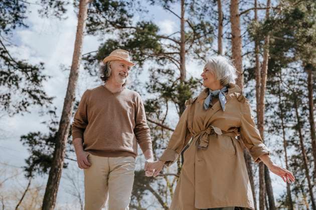 Romantic couple holding hands walking in forest model released, Symbolfoto, YTF00902