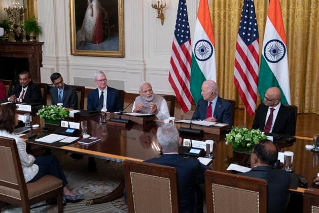 News Themen der Woche KW25 News Bilder des Tages President Joe Biden and Prime Minister Modi of India meet with senior officials and CEOs of American and Indian companies gathered to discuss innovation, investment, and manufacturing at the White House in Washington, DC, on Friday, June 23, 2023.  WAX20230623506 ChrisxKleponis