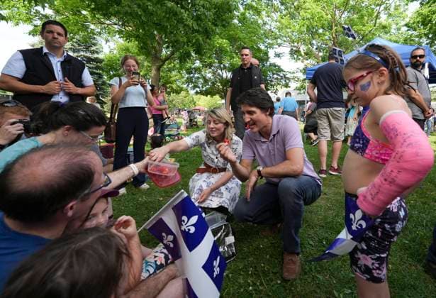 June 23, 2023, MONTREAL, PQ, CANADA: Prime Minister Justin Trudeau, and Minister of Foreign Affairs Melanie Jolie greet families at a Fete nationale du Quebec event on Friday, June 23, 2023 in Montreal. MONTREAL CANADA  - ZUMAc35_ 20230623_zaf_c35_059 Copyright: xChristinnexMuschix