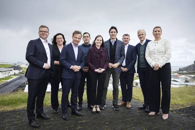 News Themen der Woche KW26 Bilder des Jahres 2023, News 06 Juni News Bilder des Tages Prime Minister Petteri Orpo (L) of Finland, Premier of Aland Veronica Thornroos, Prime Minister Ulf Kristersson of Sweden, Prime Minister Mute Bourup Egede of Greenland, Prime Minister Katrin Jakobsdottir of Iceland, Prime Minister Justin Trudeau, Faroese Prime Minister Aksel V Johannesen, Prime Minister Jonas Gahr Stoere of Norway and Prime Minister Mette Frederiksen (R) of Denmark pose while attending the annual summer meeting of the Nordic Prime Ministers in Vestmannaeyjar, Iceland, on June 26, 2023. Vestmannaeyjar, Westman Islands Iceland  Copyright: xRonixRekomaax LKFTVX20230626130551HPHB