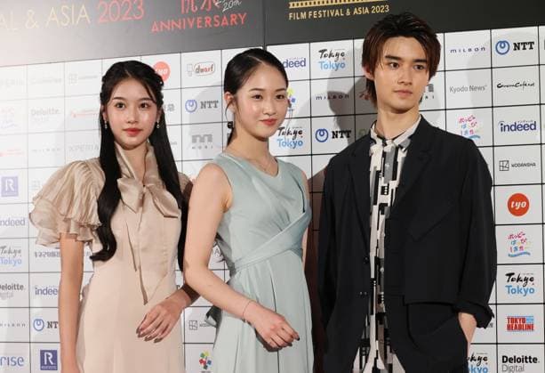 June 26, 2023, Tokyo, Japan - Japanese action star Hiroshi Fujioka s children (R-L) actor Maito Fujioka, actresses Ai Tensho and Amane Tensho attend a photocall of the awarding ceremony of the Short Shorts Film Festival & Asia 2023 in Tokyo on Monday, June 26, 2023. Poland based Japanese animation artist Izumi Yoshida won the George Lucas award, grand prix of the film festival for her short animation movie The Bridge . (photo by Yoshio Tsunoda AFLO)  , aflo_222753570.jpg,