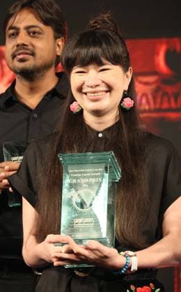 June 26, 2023, Tokyo, Japan - Poland based Japanese animation artist Izumi Yoshida receives the trophy of the George Lucas award at the awarding ceremony of the Short Shorts Film Festival & Asia 2023 in Tokyo on Monday, June 26, 2023. Yoshida won the George Lucas award, grand prix of the film festival for her short animation movie The Bridge . (photo by Yoshio Tsunoda AFLO)  , aflo_222753581.jpg,