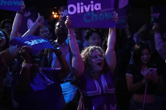June 26, 2023, Toronto, ON, CANADA: Olivia Chow supporters cheer as they watch polls report during a municipal election night event in Toronto on Monday, June 26, 2023. Torontonians headed to the polls Monday to vote for their pick for the next mayor of Canada s most populous city, capping a hotly contested byelection campaign to replace scandal-departed John Tory. Toronto CANADA  - ZUMAc35_ 20230626_zaf_c35_108 Copyright: xChrisxYoungx