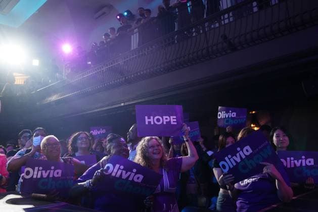 June 26, 2023, Toronto, ON, CANADA: Olivia Chow supporters cheer as they watch polls report during a municipal election night event in Toronto on Monday, June 26, 2023. Torontonians headed to the polls Monday to vote for their pick for the next mayor of Canada s most populous city, capping a hotly contested byelection campaign to replace scandal-departed John Tory. Toronto CANADA  - ZUMAc35_ 20230626_zaf_c35_109 Copyright: xChrisxYoungx