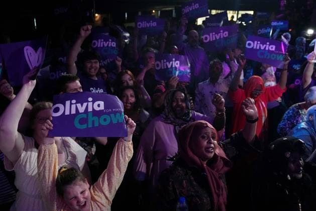 June 26, 2023, Toronto, ON, CANADA: Olivia Chow supporters cheer as they watch polls report during a municipal election night event in Toronto on Monday, June 26, 2023. Torontonians headed to the polls Monday to vote for their pick for the next mayor of Canada s most populous city, capping a hotly contested byelection campaign to replace scandal-departed John Tory. Toronto CANADA  - ZUMAc35_ 20230626_zaf_c35_111 Copyright: xChrisxYoungx