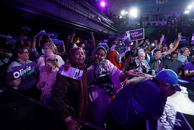 June 26, 2023, Toronto, ON, CANADA: Olivia Chow supporters cheer as it s announced that Olivia Chow will be the next mayor of Toronto during a municipal election night event in Toronto on Monday, June 26, 2023. Toronto CANADA  - ZUMAc35_ 20230626_zaf_c35_113 Copyright: xChrisxYoungx