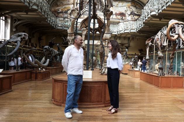 Restored Durfort Mammoth At National Museum Of Natural History - Paris Xavier Llerena, Restorer of Works of Art and Catherine Crocq, head of the restoration division. Unveiling of the restored Durfort mammoth at the National Museum of Natural History in Paris. An emblematic figure in the Gallery of Paleontology and Comparative Anatomy of the Museum, where it has been presented for nearly 150 years, the skeleton of the Durfort mammoth is also the only French specimen mounted and exhibited, on June 27, 2023 in Paris. Photo by Christophe Michel ABACAPRESS.COM PARIS ILE DE FRANCE France  Copyright: xMichelxChristophe ABACAx 858586_035 MichelxChristophe ABACAx 858586_035