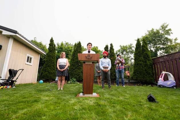 June 28, 2023, Mississauga, ON, CANADA: Prime Minister Justin Trudeau, joined by Minister of Families, Children and Social Development Karina Gould, MP Iqwinder Gaheer and parents speaks to the media about a child care funding announcement in Mississauga, Ont., Wednesday, June 28, 2023. Mississauga CANADA - ZUMAc35_ 20230628_zaf_c35_062 Copyright: xAndrewxLahodynskyjx