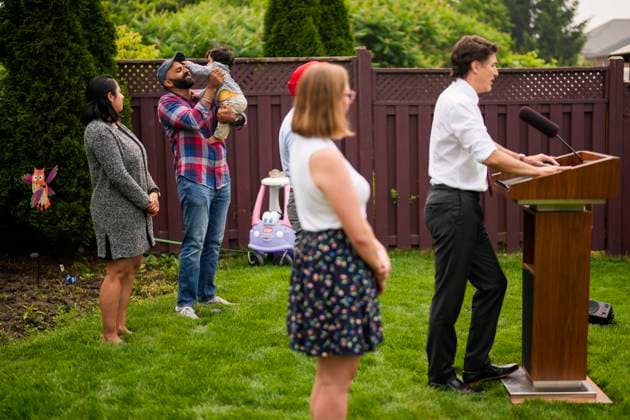 June 28, 2023, Mississauga, ON, CANADA: Manny Gill plays with his child Hokam as Prime Minister Justin Trudeau speaks to the media about a child care funding announcement in Mississauga, Ont., Wednesday, June 28, 2023. Mississauga CANADA  - ZUMAc35_ 20230628_zaf_c35_063 Copyright: xAndrewxLahodynskyjx