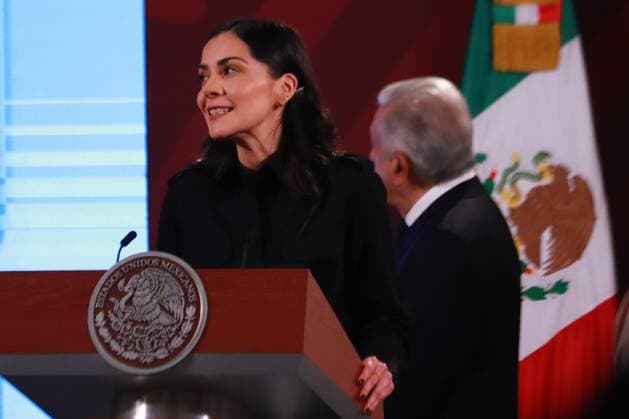 Mexican President, Lopez Obrador Daily Briefing Conference June 28, 2023 in Mexico City, Mexico: The Director of Networks of the General Coordination of Social Communication and Spokesperson for the Presidency; Elizabeth Garcia Vilchis speaks during the President of Mexico, Andres Manuel Lopez Obrador daily morning briefing conference, in front of reporters at the national palace, on June 28, 2023 in Mexico City, Mexico. (Photo by Carlos Santiago Eyepix Group) Copyright: x<author >x xEyepixxGroupx CS202306286858