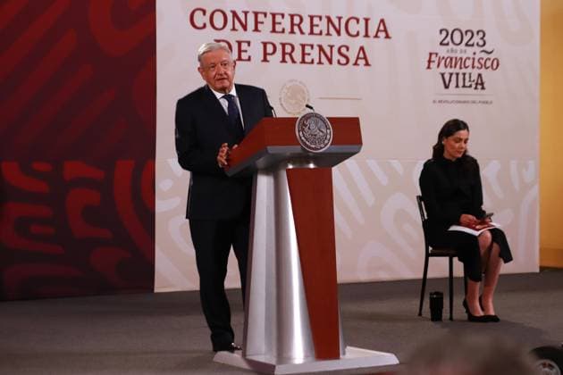 Mexican President, Lopez Obrador Daily Briefing Conference June 28, 2023 in Mexico City, Mexico: President of Mexico, Andres Manuel Lopez Obrador, speaks during the daily morning briefing conference in front of reporters at the national palace, on June 28, 2023 in Mexico City, Mexico. (Photo by Carlos Santiago Eyepix Group) Copyright: xCarlosxSantiagox xEyepixxGroupx CS202306286847