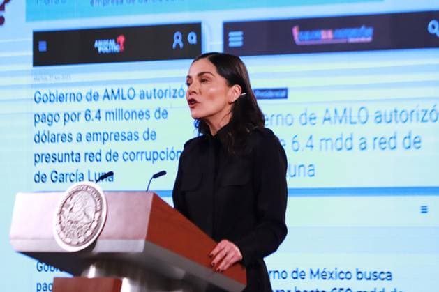 Mexican President, Lopez Obrador Daily Briefing Conference June 28, 2023 in Mexico City, Mexico: The Director of Networks of the General Coordination of Social Communication and Spokesperson for the Presidency; Elizabeth Garcia Vilchis speaks during the President of Mexico, Andres Manuel Lopez Obrador daily morning briefing conference, in front of reporters at the national palace, on June 28, 2023 in Mexico City, Mexico. (Photo by Carlos Santiago Eyepix Group) Copyright: x<author >x xEyepixxGroupx CS202306286859