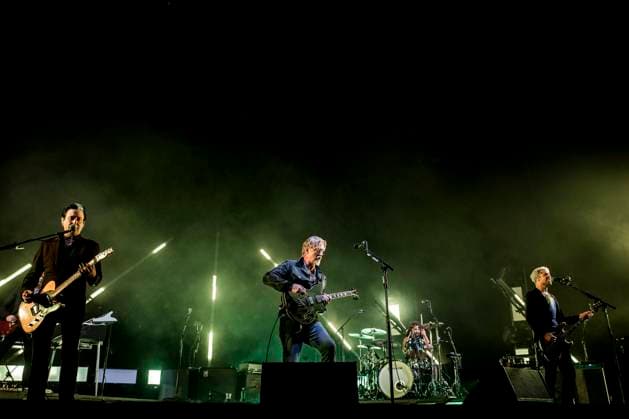 Queens of the Stone Age live at Roskilde Festival 2023, Roskilde, Denmark Roskilde, Denmark. 28th, June 2023. The American rock band Queens of the Stone Age performs a live concert during the Danish music festival Roskilde Festival 2023 in Roskilde. Here singer and musician Josh Homme is seen live on stage with guitarist Troy Van Leeuwen (L) and bass player Michael Shuman (R). Roskilde Denmark  Copyright: xGonzalesxPhoto LassexLagonix