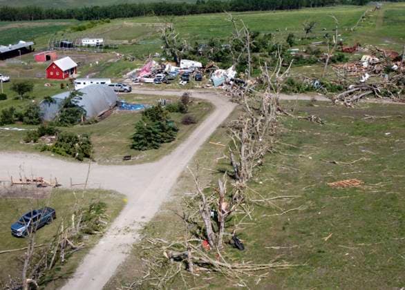 July 1, 2023, Carstairs, AB, CANADA: Tornado damaged homes are seen near Carstairs, Alta., Saturday, July 1, 2023. No injuries were reported. Carstairs CANADA  - ZUMAc35_ 20230701_zaf_c35_136 Copyright: xJeffxMcintoshx