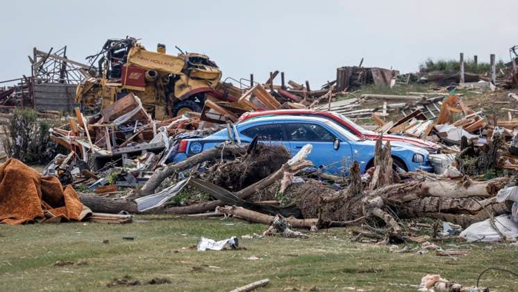 July 1, 2023, Carstairs, AB, CANADA: Vehicles sit amidst a tornado damaged home near Carstairs, Alta., Saturday, July 1, 2023. No injuries were reported. Carstairs CANADA  - ZUMAc35_ 20230701_zaf_c35_138 Copyright: xJeffxMcintoshx