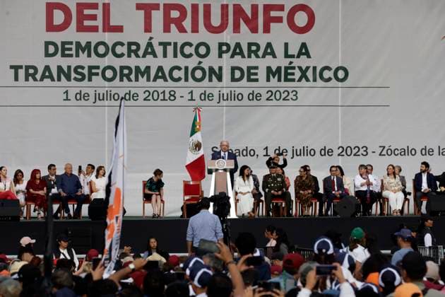 The president of Mexico celebrates his 5 years of democratic triumph July 1, 2023, Mexico City, Mexico: The President of Mexico, Andres Manuel Lopez Obrador, celebrated his 5 years of democratic triumph accompanied by governors and state secretaries before thousands of people in the Zocalo in Mexico City. on July 1, 2023 in Mexico City, Mexico (Photo by Luis Barron Eyepix Group). Copyright: xLuisxBarronx xEyepixxGroupx LB_20230701_AMLO8