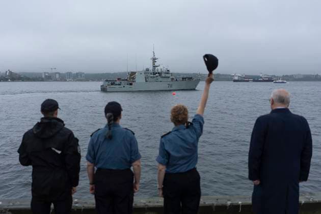 July 3, 2023, Halifax, NS, Canada: HMCS Summerside sails from its homeport in Halifax as Rear-Admiral Joso e Kurtz raises her cap during the departure ceremony for HMCS Summerside and HMCS Shawinigan, in Halifax, Monday, July 3, 2023. HMCS Summerside and Shawinigan are joining Standing NATO Mine Countermeasures as part of Operation REASSURANCE to strengthen security throughout European waters. Halifax Canada  - ZUMAc35_ 20230703_zaf_c35_004 Copyright: xDarrenxCalabresex