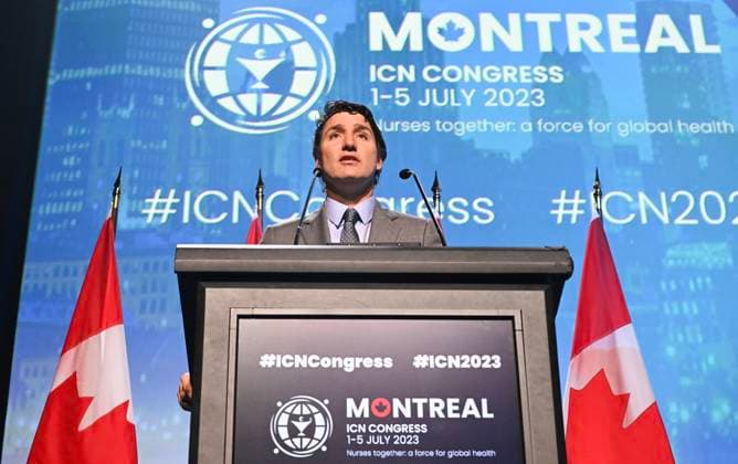 July 5, 2023, Montreal, PQ, Canada: Prime Minister Justin Trudeau speaks during the International Council of Nurses Congress in Montreal, Wednesday, July 5, 2023. Montreal Canada  - ZUMAc35_ 20230705_zaf_c35_001 Copyright: xGrahamxHughesx