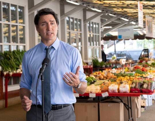 July 5, 2023, St.-Hyacinthe, PQ, Canada: Prime Minister Justin Trudeau speaks to the media while visiting a market in St.-Hyacinthe, Que., Wednesday, July 5, 2023. St.-Hyacinthe Canada  - ZUMAc35_ 20230705_zaf_c35_054 Copyright: xRyanxRemiorzx
