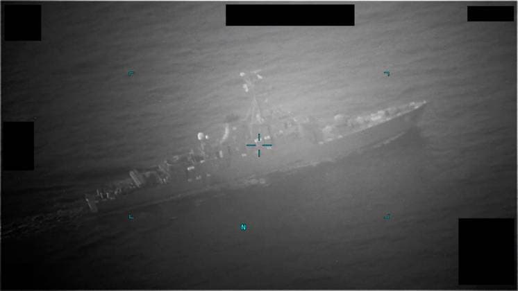 Screenshot of video captured of an Iranian naval vessel during an attempt to unlawfully seize a commercial tanker in the Gulf of Oman, on July 5, 2023. The Iranian vessel departed following the arrival of the U.S. Navy guided-missile destroyer USS McFaul (DDG 74). Photo via U.S. Navy  WAX2023070504 U.S.xNAVY