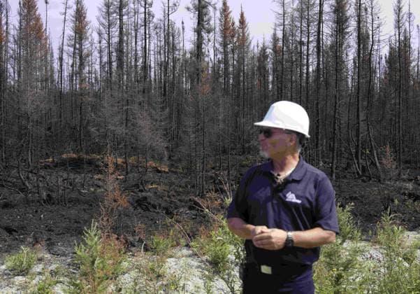 July 5, 2023, Lebel-sur-Quevillon, PQ, Canada: The damage from forest fires is seen behind SOPFEU liason Leon LeBlanc as he speaks with media during a tour of a fire damaged area near Lebel-sur-Quevillon, Que., Wednesday, July 5, 2023. Lebel-sur-Quevillon Canada  - ZUMAc35_ 20230705_zaf_c35_027 Copyright: xAdrianxWyldx