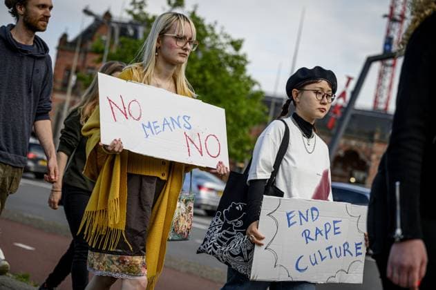 GRONINGEN - Prior to the concert of the German band Rammstein, people protest in a procession from Groningen Central Station through the center of Groningen. The organization of the march wants to draw attention to the rape allegations against frontman Till Lindemann. ANP EMIEL MUIJDERMAN netherlands out - belgium out  Copyright: xx x473151352x originalFilename: 473151352.jpg