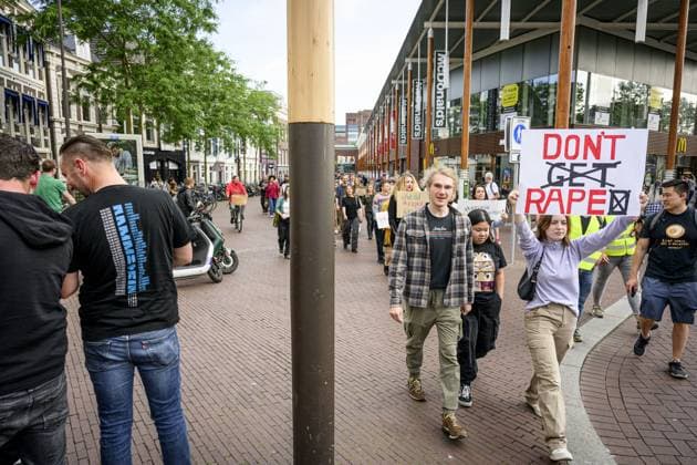 GRONINGEN - Prior to the concert of the German band Rammstein, people protest in a procession from Groningen Central Station through the center of Groningen. The organization of the march wants to draw attention to the rape allegations against frontman Till Lindemann. ANP EMIEL MUIJDERMAN netherlands out - belgium out  Copyright: xx x473151496x originalFilename: 473151496.jpg