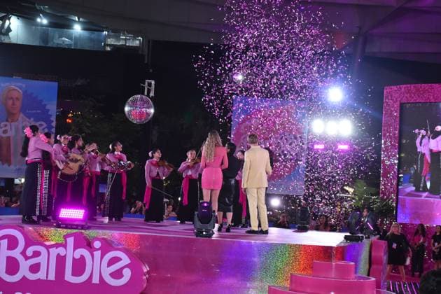 Barbie Pink Carpet July 6, 2023, Mexico City, Mexico: Ryan Gosling, Margot Robbie and America Ferrera listen to mariachis during the pink carpet for Barbie at Toreo Parque Central. on July 6, 2023 in Mexico City, Mexico. (Photo by Carlos Tischler Eyepix Group) Copyright: xCarlosxTischler xEyepixxGroupx CT_06072023_95907