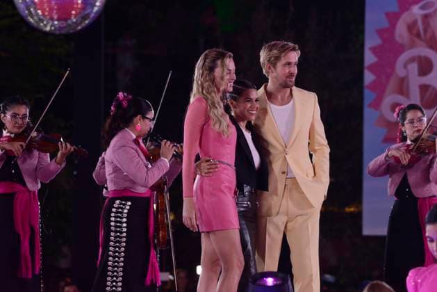 Barbie Pink Carpet July 6, 2023, Mexico City, Mexico: Ryan Gosling, Margot Robbie and America Ferrera listen to mariachis during the pink carpet for Barbie at Toreo Parque Central. on July 6, 2023 in Mexico City, Mexico. (Photo by Carlos Tischler Eyepix Group) Copyright: xCarlosxTischler xEyepixxGroupx CT_06072023_95996