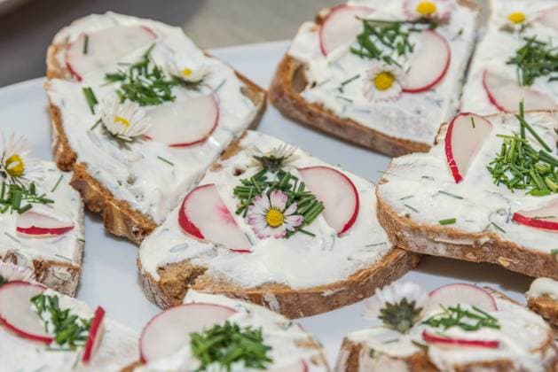 vegetarischer Brotaufstrich - gesund und natürlich vegetarischer Brotaufstrich, belegt mit Rettich, Schnittlauch und Gänseblümchen Copyright: xZoonar.com AlfredxHoferx 20108149