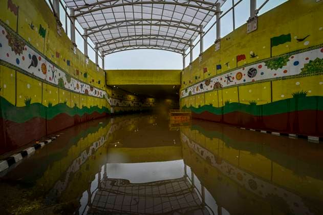 NEW DELHI, INDIA - JULY 8: A view of Pragati Maidan underpass as the tunnel is closed due to water logging after rains at Mathura Road on July 8, 2023 in New Delhi, India. Delhi-NCR was drenched with heavy rain on the intervening night of Friday and Saturday. The overnight shower, which continued on Saturday, lowered the temperature in the city, but also caused a lot of pain to commuters who had to face water-logging and long traffic jams in several areas. (Photo by Raj K Raj Hindustan Times ) Heavy Rains Lashes Delhi-NCR Cause Water-logging, Traffic Snarls