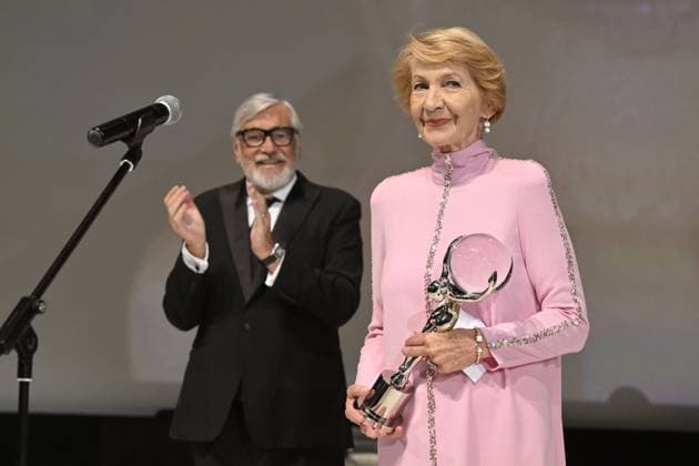 The last day of the 57th Karlovy Vary International Film Festival, 8 July 2023. Actress Daniela Kolarova (left) receives the President s Award of the Karlovy Vary International Film Festival from Jiri Bartoska. (CTKxPhoto KaterinaxSulova) CTKPhotoP2023070804801  CTKPhotoP2023070804801