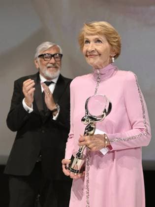 The last day of the 57th Karlovy Vary International Film Festival, 8 July 2023. Actress Daniela Kolarova (left) receives the President s Award of the Karlovy Vary International Film Festival from Jiri Bartoska. (CTKxPhoto KaterinaxSulova) CTKPhotoP2023070804814  CTKPhotoP2023070804814